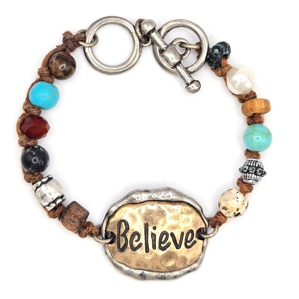 Boho Beaded Bracelet Believe‎ Charm Toggle Closure Earthy Natural Stone Beads